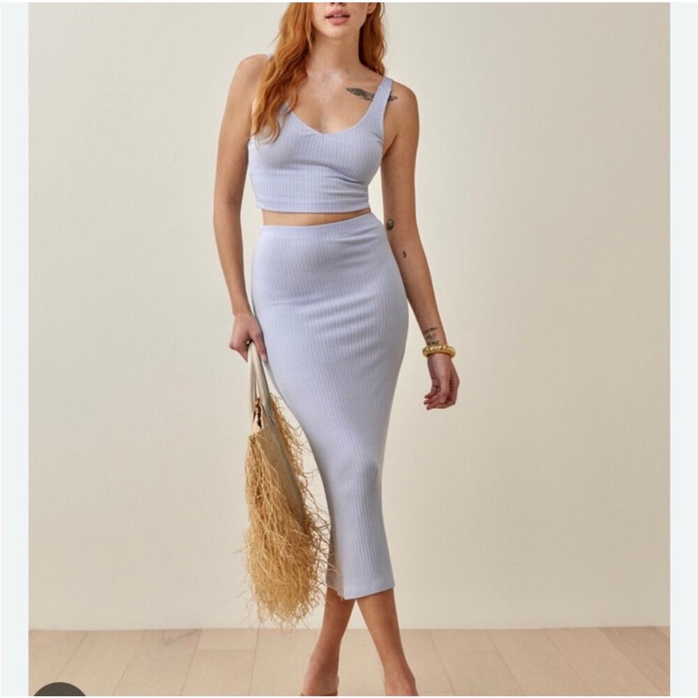 Reformation Emily two piece set sky blue large ribbed tank skirt NWT summer